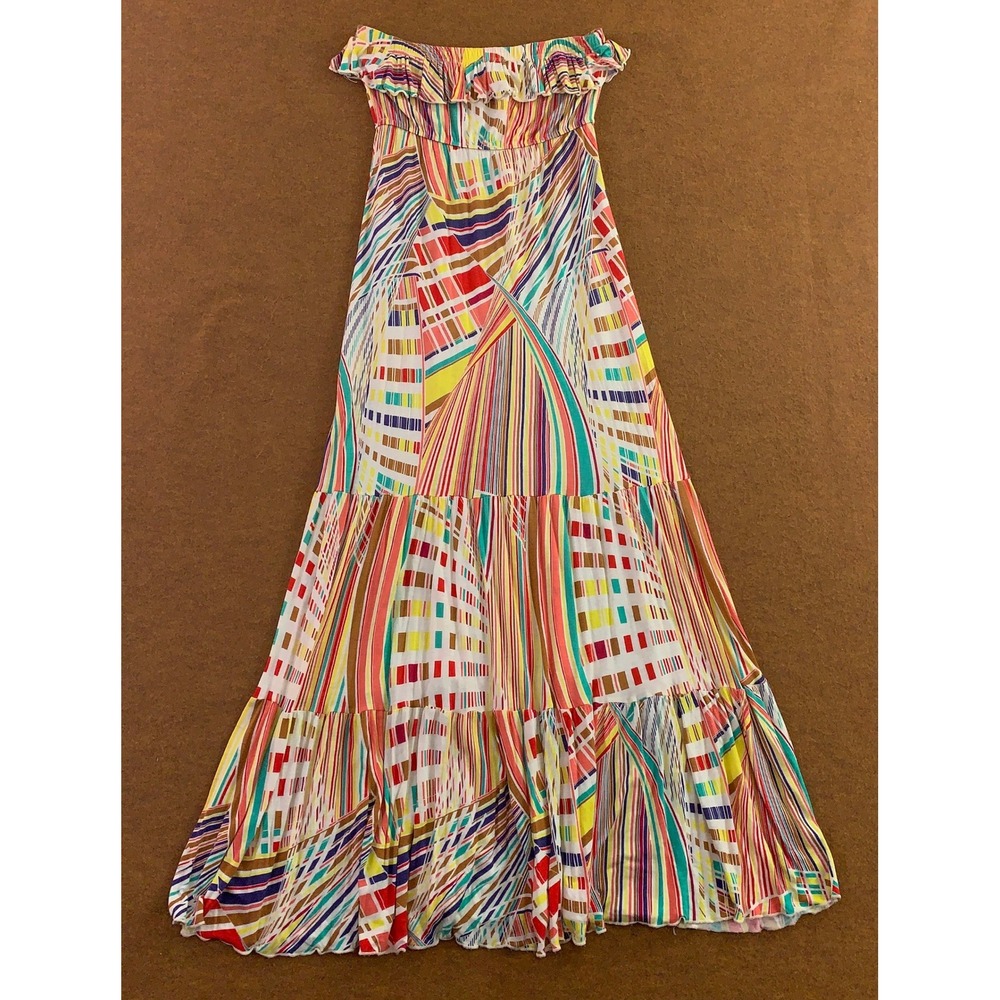 Cherish Womens Medium Multicolor Abstract Striped Ruffle Off Shoulder Maxi Dress